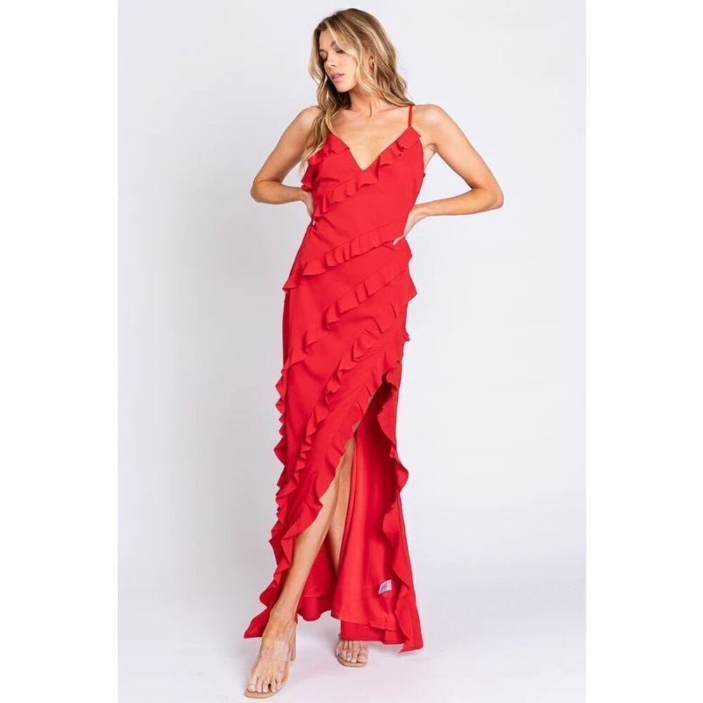 The Vintage Shop Red Ruffled Spaghetti Strap Maxi Dress Sz S Prom, Vintage